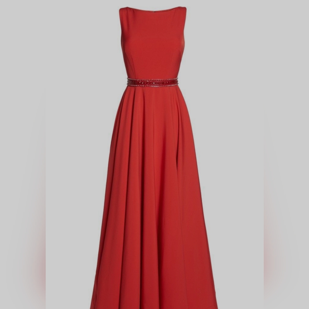 NWT Mac Duggal Red Beaded Belted Maxi Gown